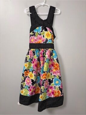 Bonnie Jean Multicolor Floral Dress Black Trim White Polka Dots Girls Size 12